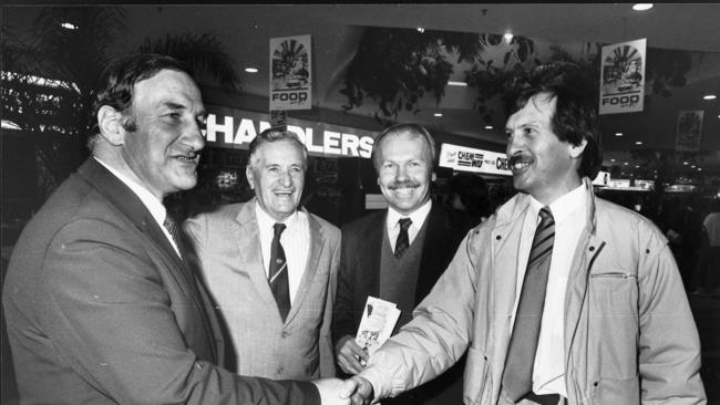 Flashback to 1987: Mick Veivers, Bill Gunn and Peter Beattie meet people at Southport Park Shopping Centre.