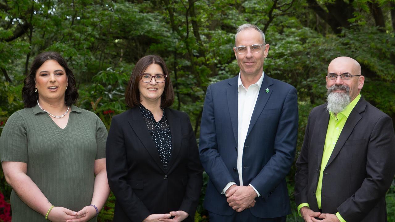 Tasmanian Greens have announced their Senate ticket. From left, Trenton Hoare, Vanessa Bleyer, Nick McKim, Scott Jordan. Picture: Karen Brown Photography