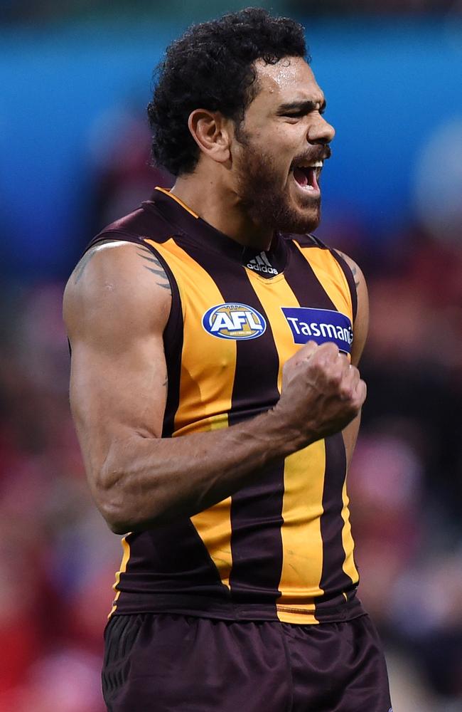 Cyril Rioli celebrates his matchwinning goal. Picture: AAP