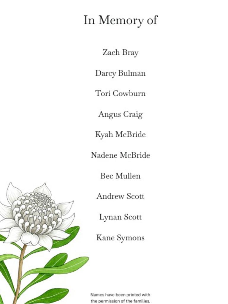 The order of service for the public memorial for victims of the Hunter Valley bus crash. Picture: Supplied.