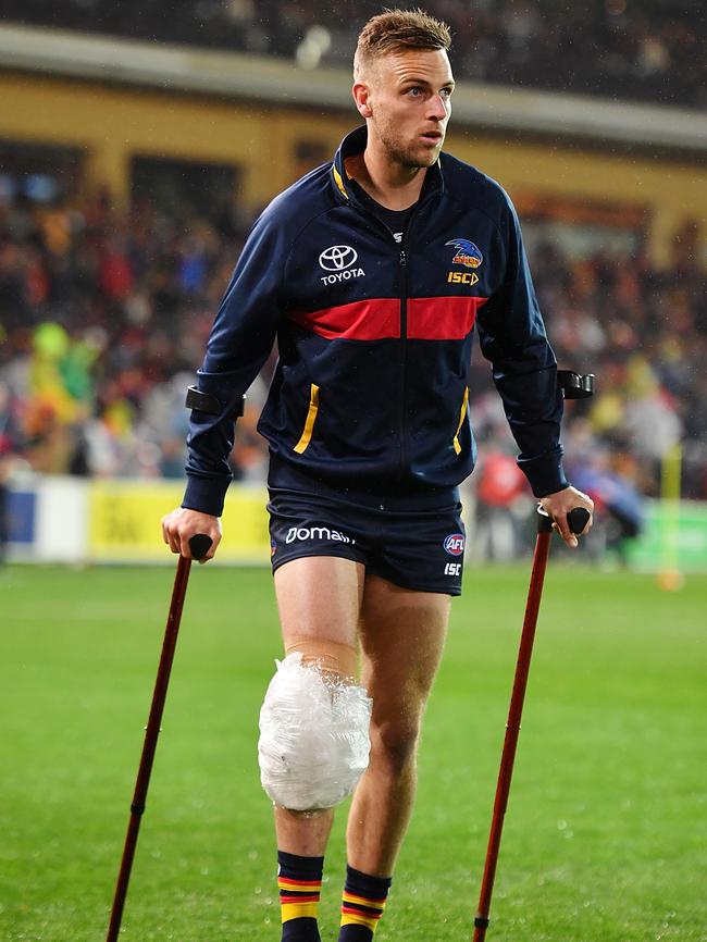 Brodie Smith after rupturing his ACL during the qualifying final against Greater Western Sydney last year. Picture: Daniel Kalisz/Getty Images