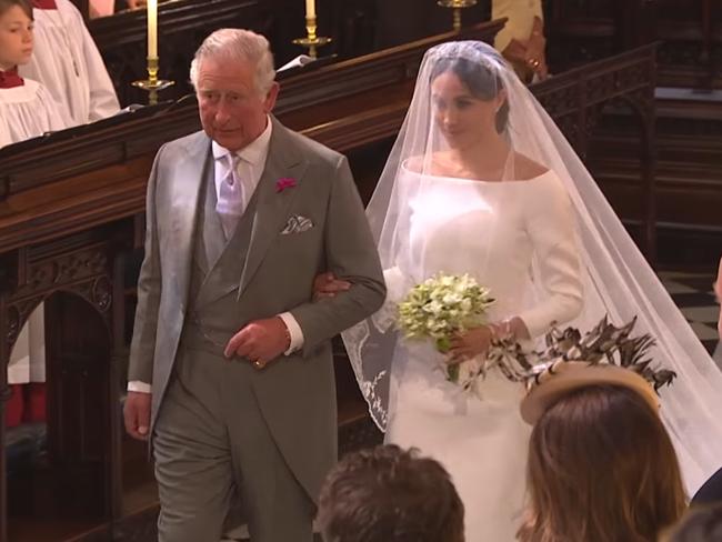 Charles walked Meghan Markle down the aisle at her 2018 wedding to Harry. Picture: BBC