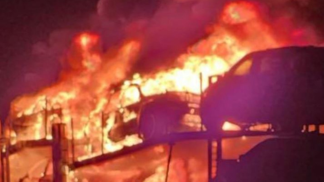 ‘F**k, let’s get out of here’: Truck bursts into flames on highway