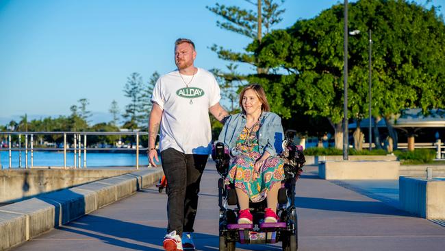 Jaidon Kirby and Stacie Chanoff at Wynnum where they now live. Picture: Richard Walker