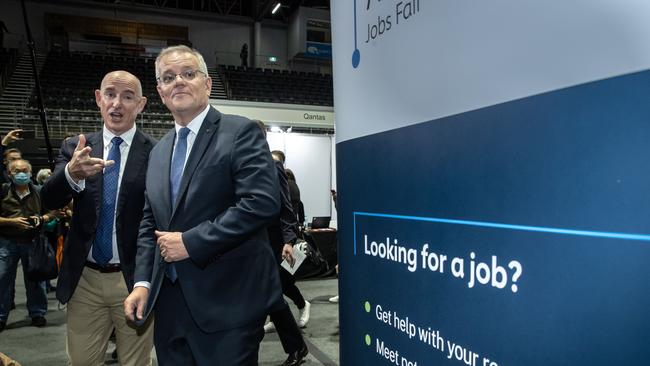 Prime Minister Scott Morrison with the Minister for Employment visit Western Sydney Jobs Fair. Picture: Jason Edwards