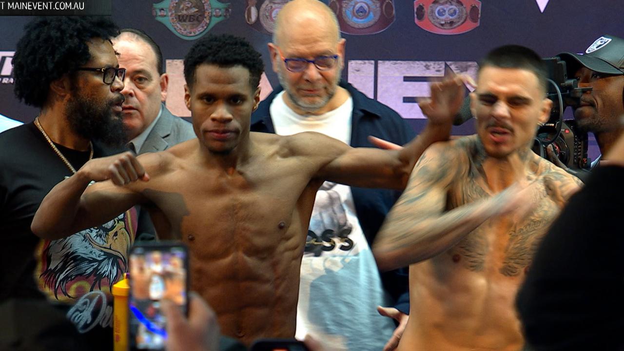 George Kambosos Jr and Devin Haney at the weigh-in.