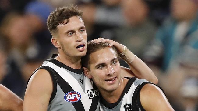 Boyd Woodcock and Orazio Fantasia celebrate a goal. Picture: Getty Images