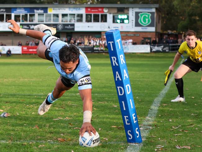 Marco Tetevano with a spectacular finish for Cronulla. Picture: Adam Wrightson Photography