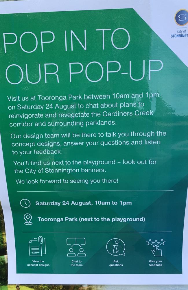 Signs advertising an in-person consultation appeared in the park the morning after a Herald Sun story. Picture: Supplied.
