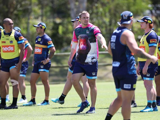 Gold Coast Titans pre-season training. Jack Stockwell wearing a 'Goose of the Week' shirt.Picture: NIGEL HALLETT