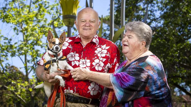 Peter and his wife Jenny with Minnie, Peter’s hearing assistance dog, will on Monday attend a remembrance event at the Memorial to Forgotten Australians in Peace Park, North Adelaide. Picture: Emma Brasier