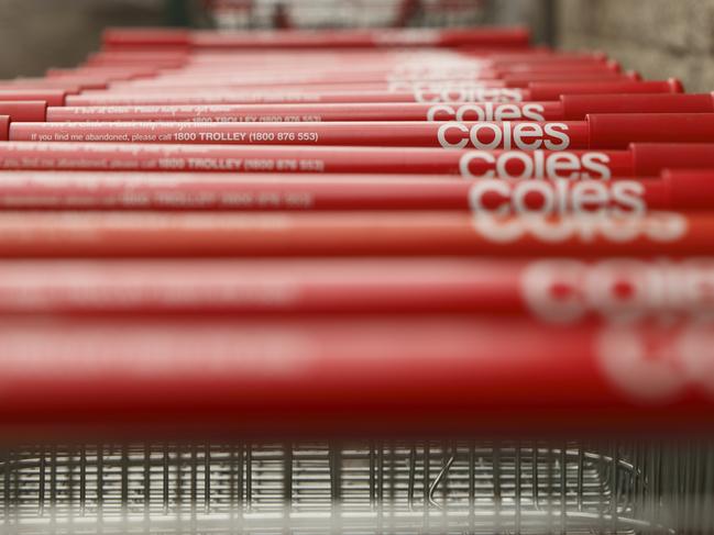 Melbourne, Australia - July 30, 2011: Coles is one of the major supermarket chains in Australia. Here, are its trolleys outside the store at Donvale, Melbourne.