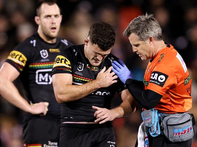 PENRITH, AUSTRALIA - AUGUST 15: Nathan Cleary of the Panthers holds his shoulder during the round 24 NRL match between Penrith Panthers and Melbourne Storm at BlueBet Stadium, on August 15, 2024, in Penrith, Australia. (Photo by Brendon Thorne/Getty Images)