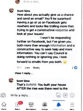 A Facebook exchange between Cr Sims and a resident. Picture: Supplied