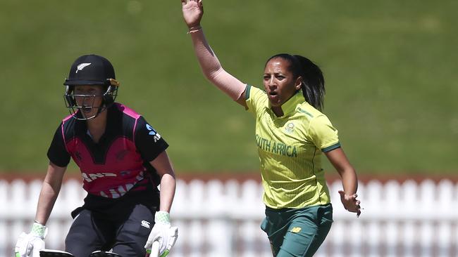 Shabnim Ismail of South Africa reacts while bowling during the Women's Twenty20 cricket match between New Zealand and South Africa earlier this year.