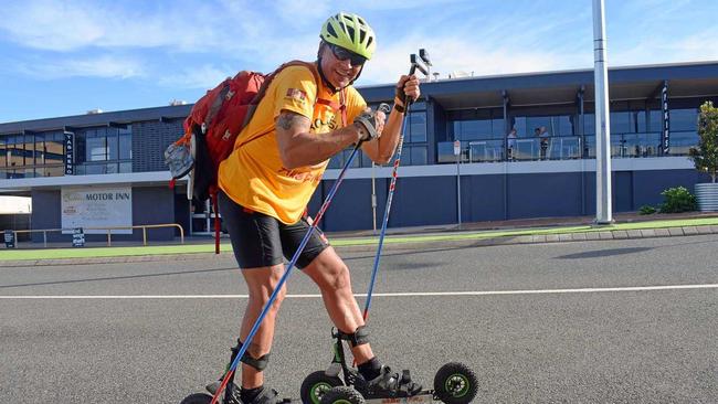 Canadian athlete Phil Shaw is roller-skiing from Sydney to Cairns to promote healthier lifestyles. Picture: Liana Walker