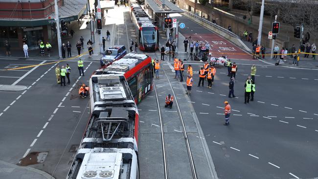 A number of light rail carriages were derailed. Picture: John Grainger