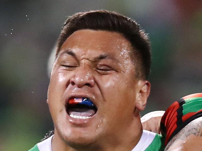 CANBERRA, AUSTRALIA - SEPTEMBER 27: Josh Papalii of the Raiders is tackled by the Rabbitohs defence during the NRL Preliminary Final match between the Canberra Raiders and the South Sydney Rabbitohs at GIO Stadium on September 27, 2019 in Canberra, Australia. (Photo by Brendon Thorne/Getty Images)