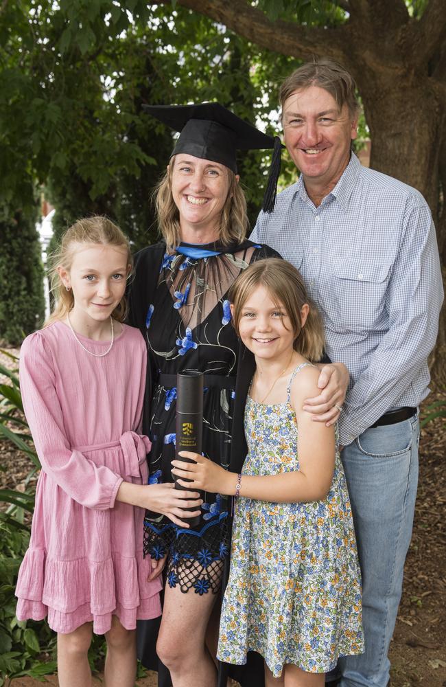 Bachelor of Nursing graduate Aly Edwards with family (from left) Harriet, Sydney and Rob Edwards at a UniSQ graduation ceremony at Empire Theatres, Tuesday, February 13, 2024. Picture: Kevin Farmer