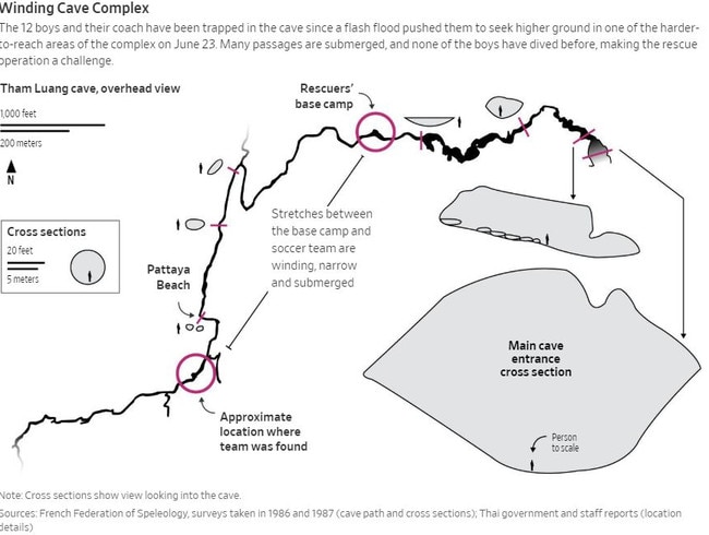 The boys and their coach have to swim at least a kilometre through the cave before they can walk the rest of the way out. Picture: Wall St Journal.