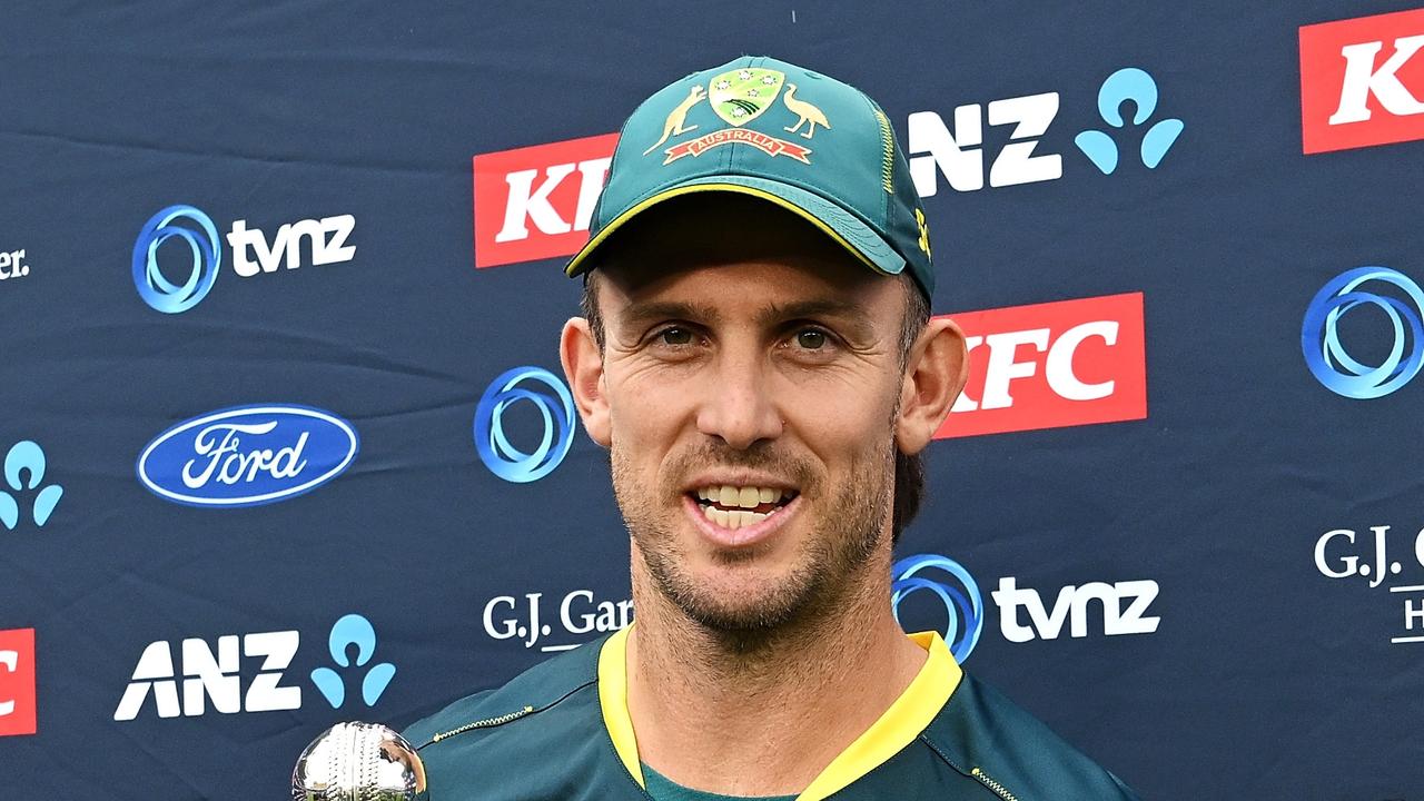 AUCKLAND, NEW ZEALAND - FEBRUARY 25: Mitch Marsh of Australia poses with the trophy after Australia's 3-0 series win after game three of the Men's T20 International series between New Zealand and Australia at Eden Park on February 25, 2024 in Auckland, New Zealand. (Photo by Hannah Peters/Getty Images)