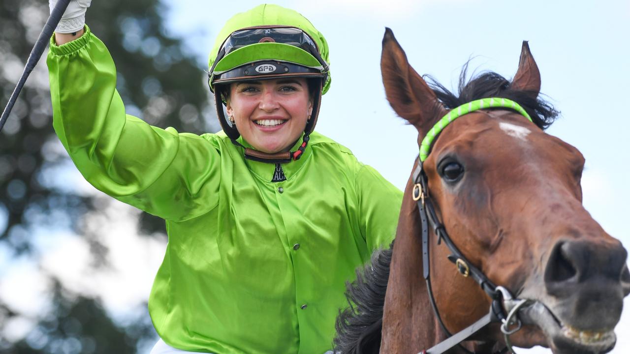 Jaylah Kennedy celebrates his win as she returns to scale aboard Berkeley Square. Picture: Brett Holburt/Racing Photos via Getty Images