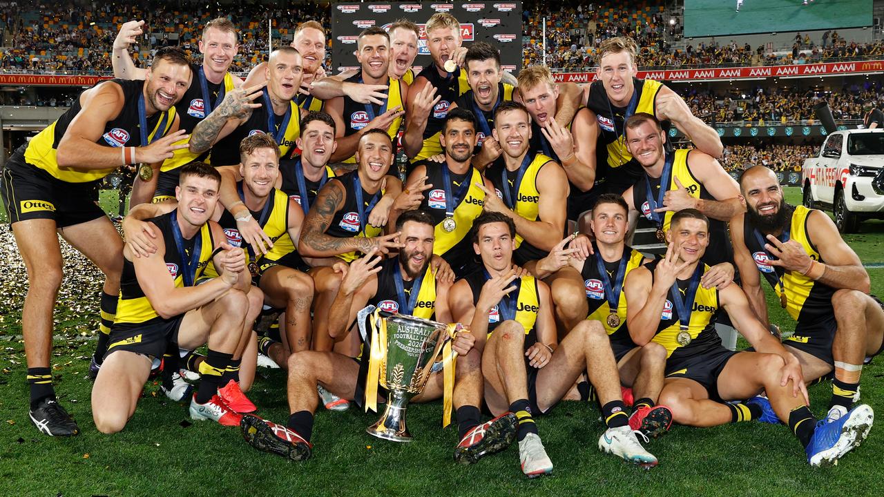 Tigers players celebrate their third Grand Final victory in four years. Picture: Michael Willson/Getty Images