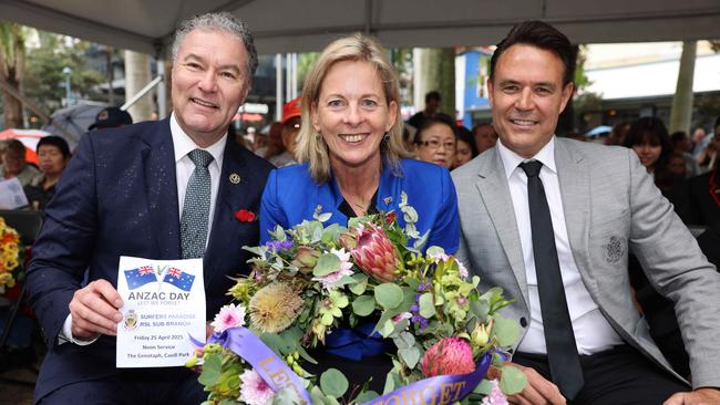 John Paul Langbroek, Angie Bell and Darren Taylor at the Surfers Paradise RSL Anzac Day noon service 2025 at Cavill Park for Gold Coast at Large. Picture, Portia Large.