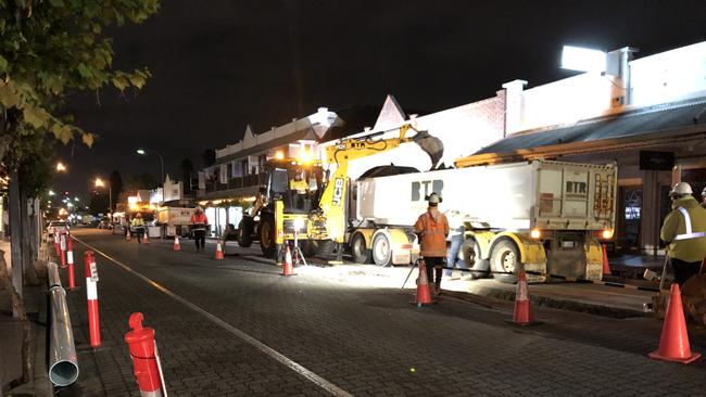 Night roadworks on King William Rd by SA Water as part of Unley Council's upgrade of the shopping precinct. Supplied.