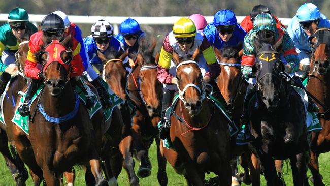 Loving home ridden by Tye Angland  (yellow cap, maroon with yellow armbands) wins race 1 during Scone  Races located in the Upper Hunter Region of NSW. The Bend . Pic Jenny Evans