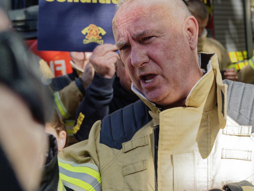 MELBOURNE,AUSTRALIA-NewsWire Photos 26 SEPTEMBER, 2023: UFU RALLY.  In the largest rally in the history of the Firefighters Union, over 1,500 professional firefighters will travel from all across Victoria to march against the torching of their rights and conditions after the Andrews Government tore up a proposed enterprise bargaining agreement after two years of negotiations. Peter Marshall will addressed the media and the rally outside Eastern Hill Fire Station at Firefighters march to the Victorian Parliament on Spring Street and onto the Fair Work Commission on Exhibition Street, where the rally will end. Picture: NCA NewsWire / Valeriu Campan