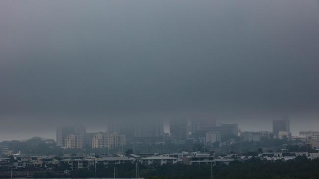 Darwin's skyline disappeared among the clouds on Saturday morning as the city woke to a blanket of thick fog. Picture: Glenn Campbell