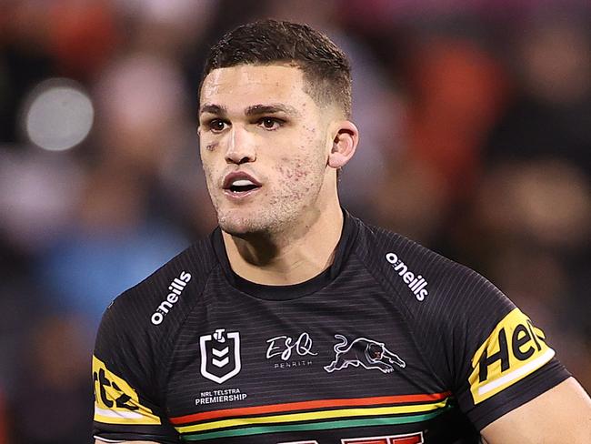 PENRITH, AUSTRALIA - JUNE 18: Nathan Cleary of the Penrith Panthers runs with the ball during the round 15 NRL match between the Penrith Panthers and the Sydney Roosters at Panthers Stadium, on June 18, 2021, in Penrith, Australia. (Photo by Mark Kolbe/Getty Images)