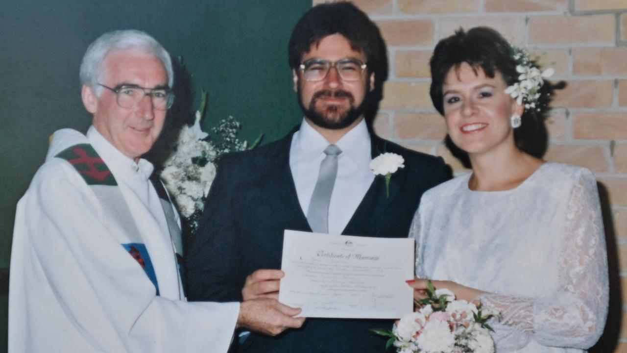 Paul Thewlis and Angela Falkenberg at their wedding in 1986. Picture: Supplied