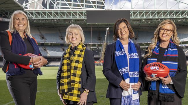 CONTACT HERALD SUN PIC DESK BEFORE USINGÃFour female AFL presidents - Richmonds Peggy ONeal, Melbournes Kate Roffey, Western Bulldogs Kylie Watson-Wheeler and North Melbournes Dr Sonja Hood - together for the first time at Marvel Stadium.  Picture: Alex Coppel.