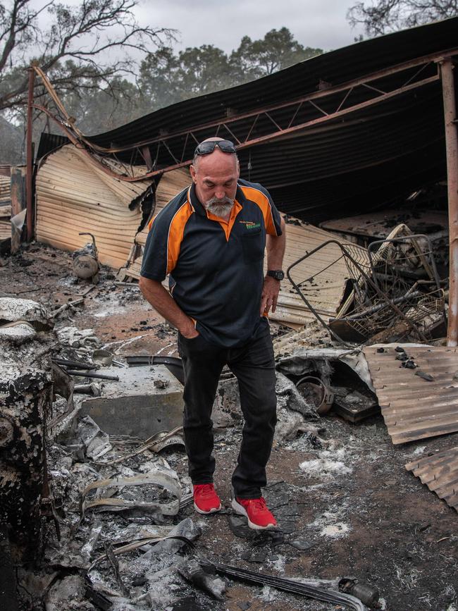 Stuart Temby at his damaged property on Harrogate Rd in Brukunga. Picture: Brad Fleet