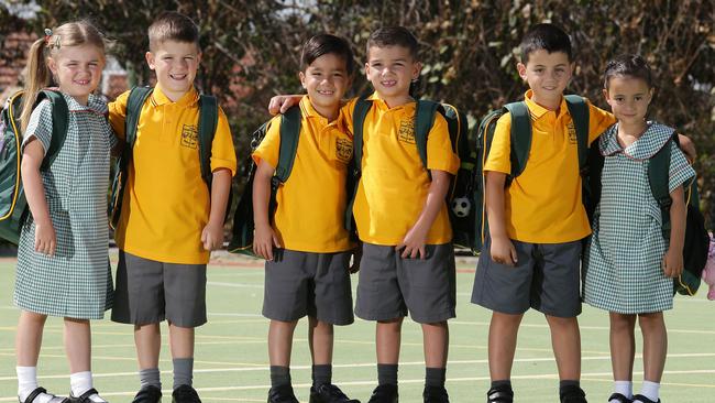 Twins Danielle and Joshua, Ethan and Mason, and Jack and Billie have started school. Picture: George Salpigtidis