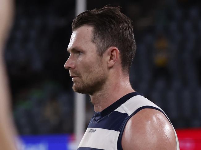 MELBOURNE, AUSTRALIA - AUGUST 17:  Patrick Dangerfield of the Cats looks on after the round 23 AFL match between St Kilda Saints and Geelong Cats at Marvel Stadium, on August 17, 2024, in Melbourne, Australia. (Photo by Darrian Traynor/Getty Images)