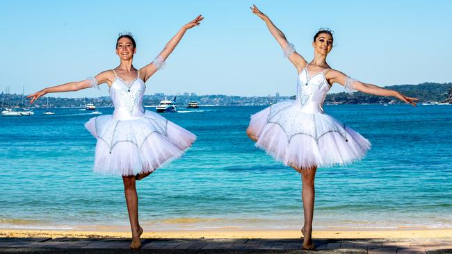 Nutcracker performers Milla Loock and Georgia Cosgrove at Manly Wharf. Picture: Monique Harmer