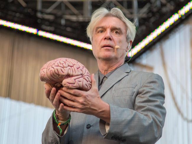 David Byrne on stage at the Coachella Music and Arts Festival in Indio, California, on April 13, 2018. / AFP PHOTO / Kyle Grillot