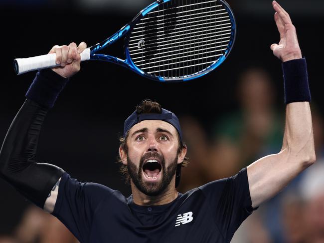 *** BESTPIX *** BRISBANE, AUSTRALIA - JANUARY 05: Jordan Thompson of Australia celebrates winning his match against Rafael Nadal of Spain during day six of the  2024 Brisbane International at Queensland Tennis Centre on January 05, 2024 in Brisbane, Australia. (Photo by Chris Hyde/Getty Images)