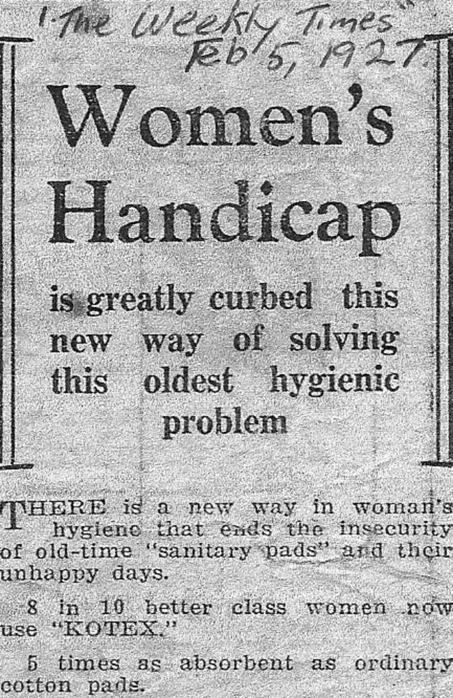 Ads for Kotex pads in 1927 promised their pads would curb “women’s handicap”.