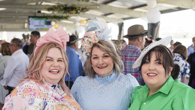 At Warwick Cup race day are (from left) Ashleigh Morrow, Sarah Head and Karlie Lane at Allman Park Racecourse, Saturday, October 14, 2023. Picture: Kevin Farmer