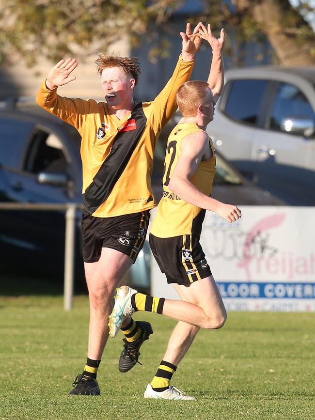 Bannockburn's Ryan Perkins (right) celebrates a goal. GDFNL North Geelong v Bannockburn. Picture: Alan Barber