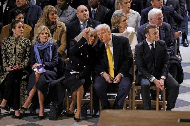 President Emmanuel Macron's wife Brigitte Macron (CL) talks with US President-elect Donald Trump (CR) as they sit alongside daughter of US President Joe Biden, Ashley Biden (L), First Lady of the United States Jill Biden (2L) and French President Emmanuel Macron (R) inside Notre-Dame Cathedral ahead of a ceremony to mark the re-opening of the landmark cathedral, in central Paris, on December 7, 2024. Around 50 heads of state and government are expected in the French capital to attend the ceremony marking the rebuilding of the Gothic masterpiece five years after the 2019 fire which ravaged the world heritage landmark and toppled its spire. Some 250 companies and hundreds of experts were part of the five-year restoration project at a cost of hundreds of millions of euros.