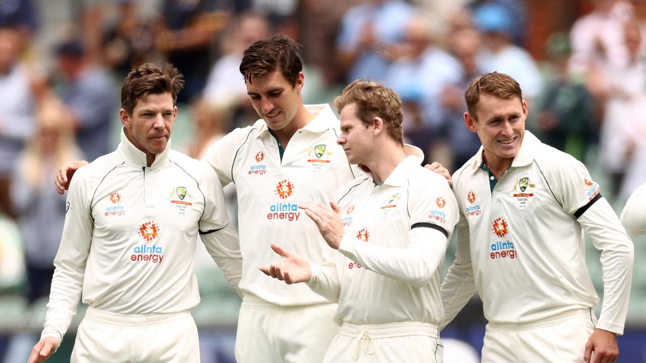 ADELAIDE, AUSTRALIA – DECEMBER 17: Tim Paine of Australia, Pat Cummins of Australia, Steve Smith of Australia and Marnus Labuschagne of Australia after the signing of the national anthem during day one of the First Test match between Australia and India at Adelaide Oval on December 17, 2020 in Adelaide, Australia. (Photo by Cameron Spencer/Getty Images)