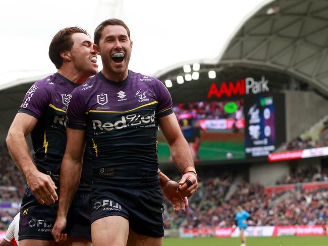 Melbourne Storm has been attracting a record attendance at AAMI Park. Pictured: Nick Meaney celebrates during the club’s round 14 home match against Newcastle Knights. Picture: Kelly Defina/Getty Images