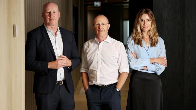 Airlie Funds Management portfolio manager Matt Williams, co-founder John Sevior and deputy head of Australian equities Emma Fisher. Picture: Jane Dempster