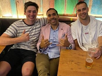 Chayce Jones, Eddie Betts and Myles Poholke at Betts’ farewell party at The Moseley Bar and Kitchen. Picture: Instagram.