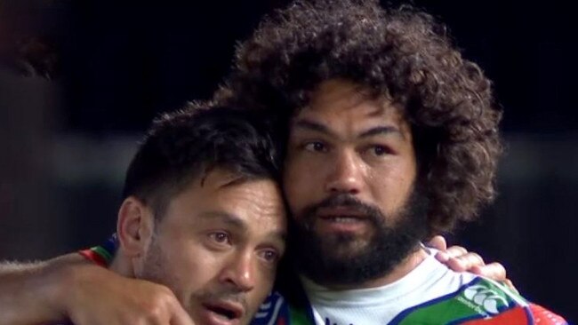 Alex Glenn is comforted after Brisbane Broncos’ defeat to New Zealand.